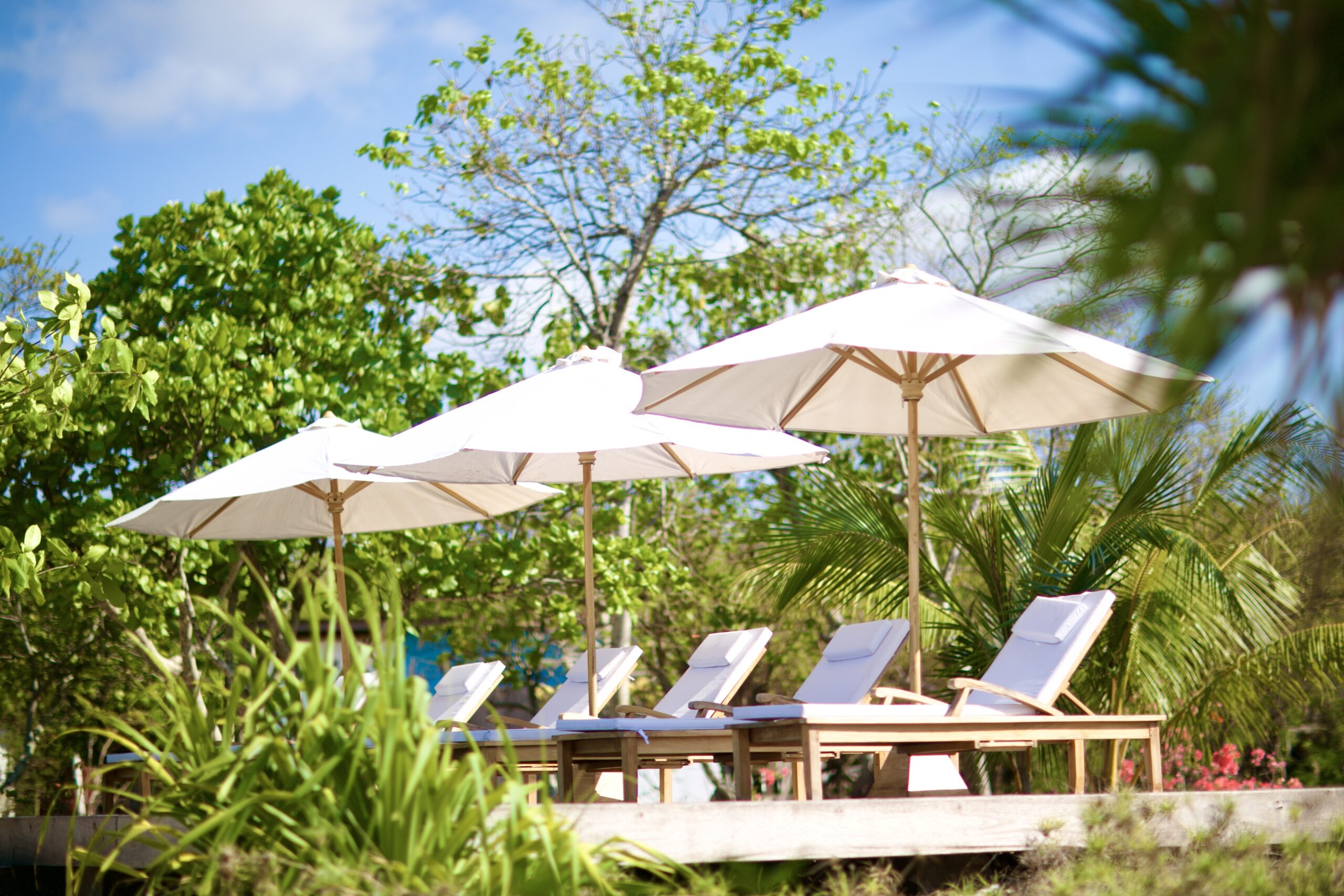 The Beach House at the water's edge, loungers under a parasol overlooking the lagoon